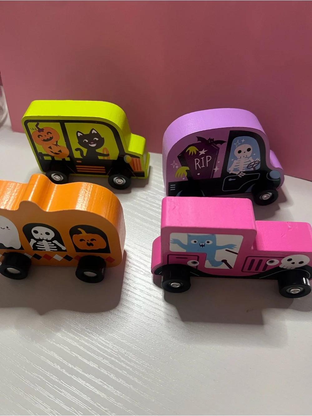 Target Halloween Wooden Toy Vehicle Set - Yellow, Pink, Orange, Green